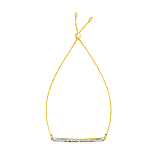 14k Yellow Gold Adjustable Bracelet with Textured Bar & Diamonds