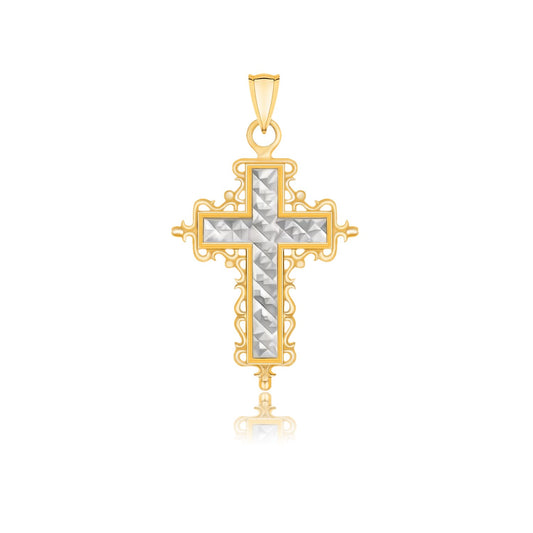 14k Two-Tone Gold Diamond Cut & Baroque Inspired Cross Pendant