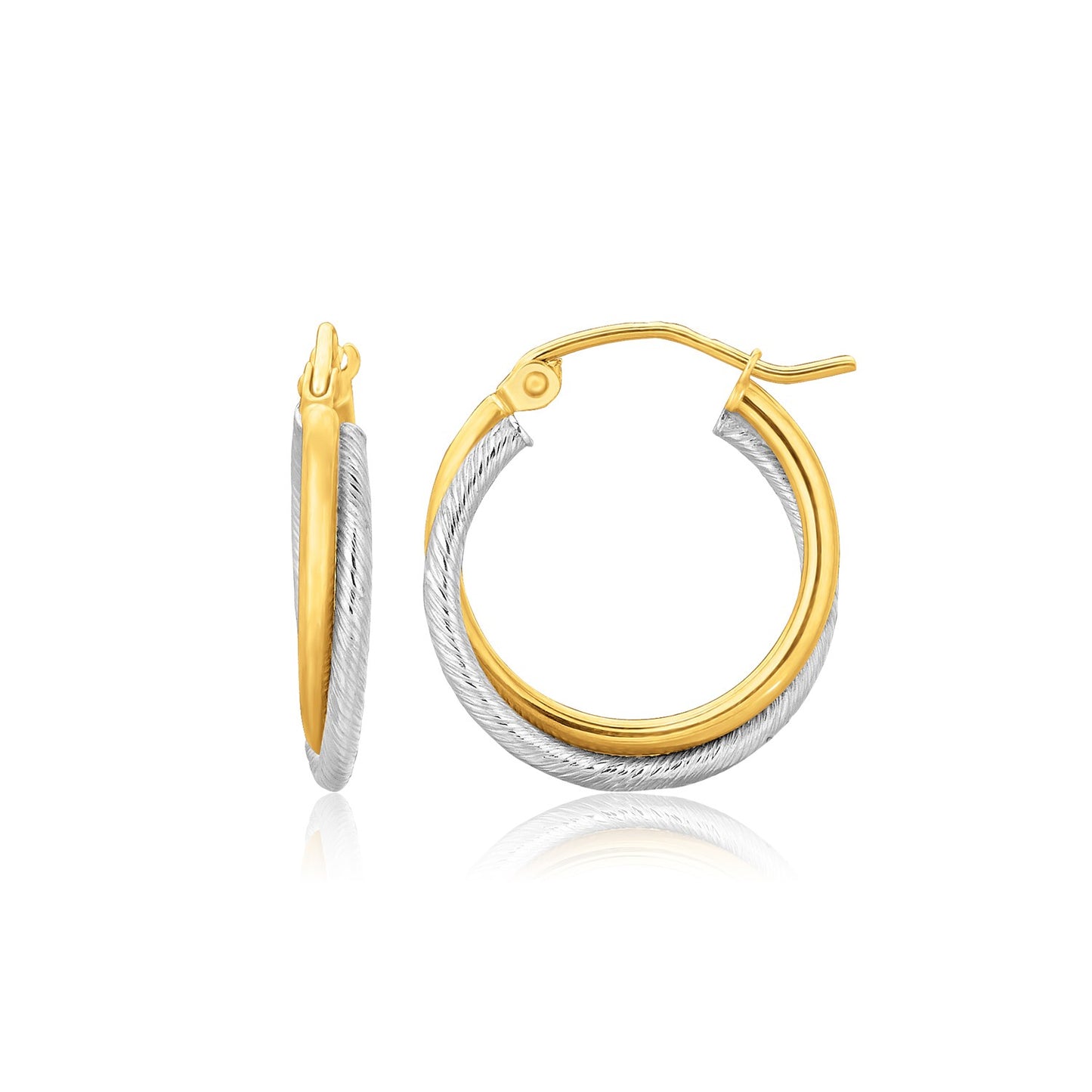 14k Two Tone Gold Double Polished & Textured Hoop Earrings