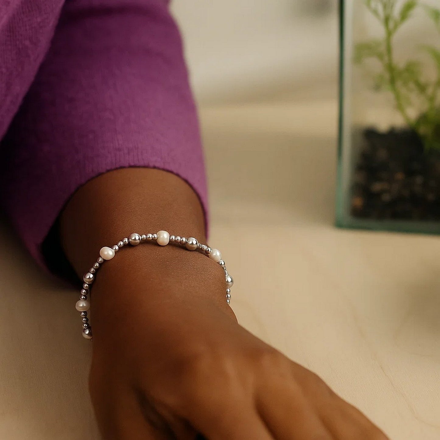 Sterling Silver Rhodium Plated Pearl Bead Bracelet