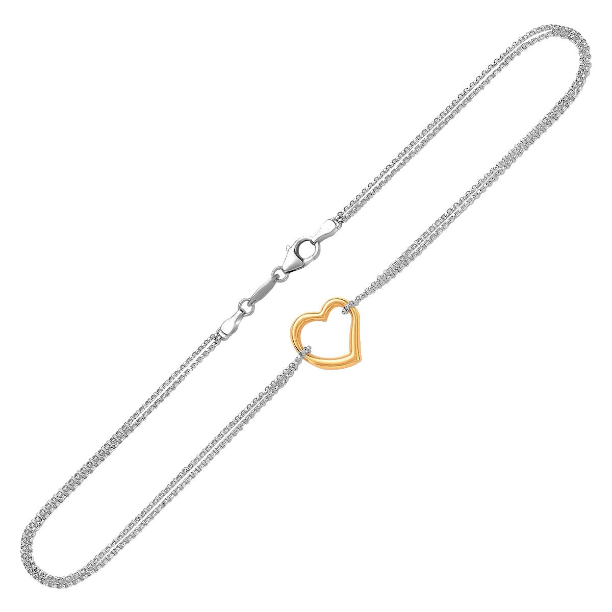 14k Yellow Gold & Sterling Silver Anklet with a Single Open Heart Station