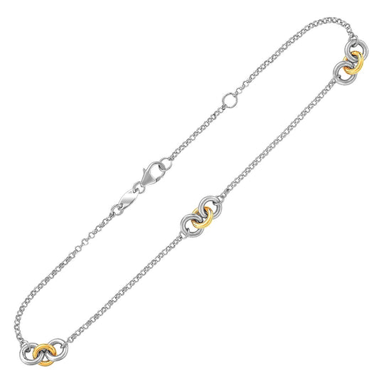 14k Yellow Gold & Sterling Silver Triple Ring Stationed Anklet