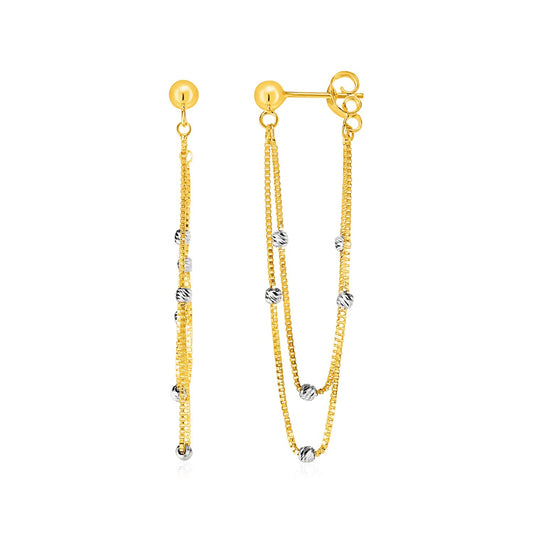 Hanging Chain Post Earrings with Bead Accents in 14k Yellow & White Gold