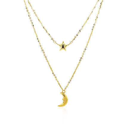 14k Yellow Gold Double-Strand Chain Necklace with Puff Moon & Star