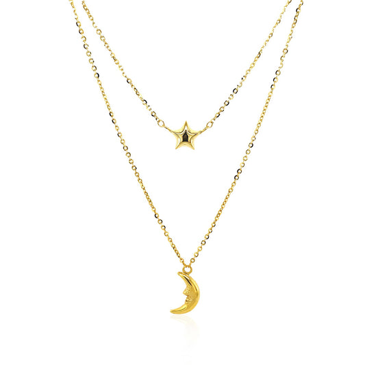 14k Yellow Gold Double-Strand Chain Necklace with Puff Moon & Star