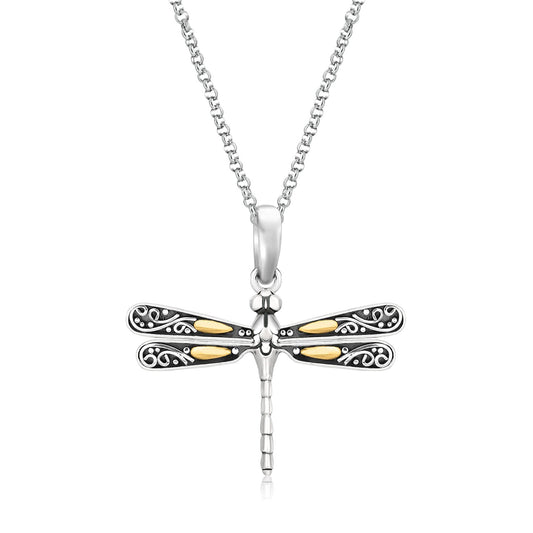 18k Yellow Gold & Sterling Silver Pendant in a Dragonfly Design