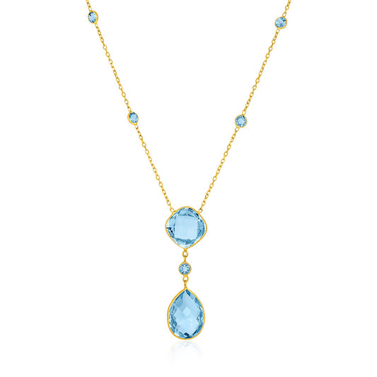 14k Yellow Gold Necklace with Pear-Shaped & Cushion Blue Topaz Briolettes