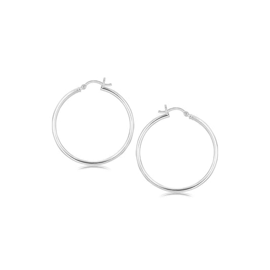 Sterling Silver Rhodium Plated Thin & Polished Hoop Style Earrings (2x35mm)