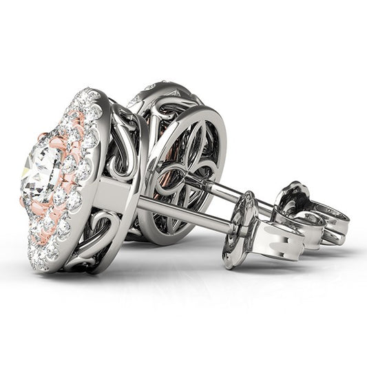 14k White & Rose Gold Round Halo Diamond Earrings (3/4 cttw)