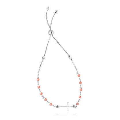 Sterling Silver White & Rose Finish Adjustable Bracelet with Cross