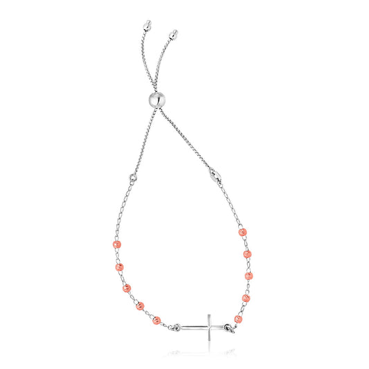 Sterling Silver White & Rose Finish Adjustable Bracelet with Cross