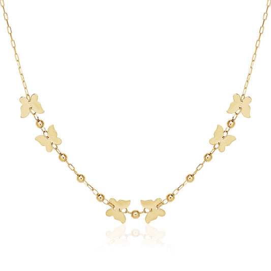 14k Yellow Gold 18 inch Necklace with Polished Butterflies & Beads