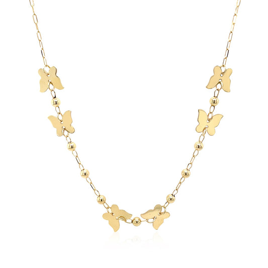 14k Yellow Gold 18 inch Necklace with Polished Butterflies & Beads