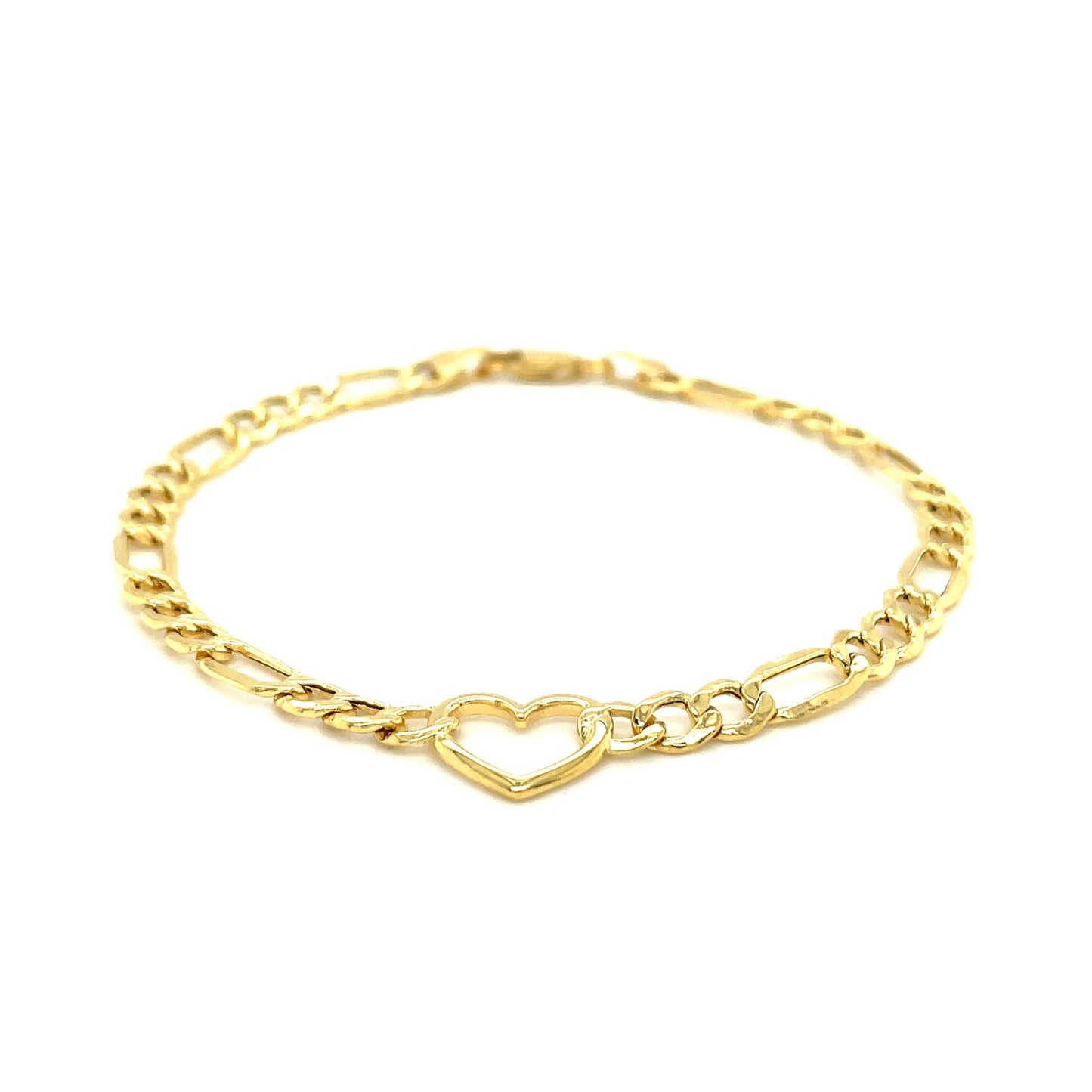 14k Yellow Gold 7 inch Figaro Chain Bracelet with Heart