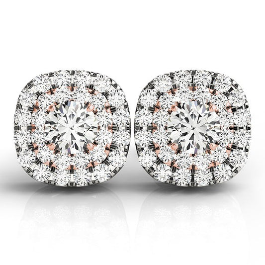 14k White & Rose Gold Cushion Shape Halo Diamond Earrings (3/4 cttw)