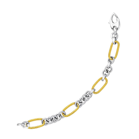 14k Two-Tone Gold Bracelet with Cable Textured Oval & Round Links