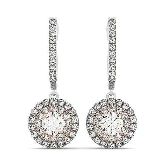 14k White & Rose Gold Drop Diamond Earrings with a Halo Design (3/4 cttw)
