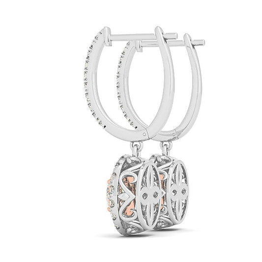 14k White & Rose Gold Drop Diamond Earrings with a Halo Design (3/4 cttw)