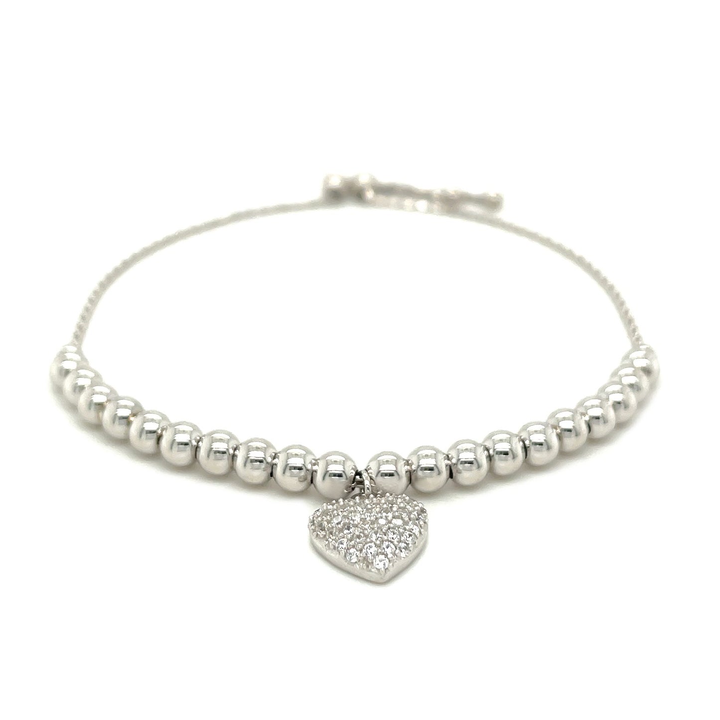 Adjustable Bead Bracelet with Round Charm & Cubic Zirconias in Sterling Silver