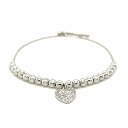 Adjustable Bead Bracelet with Round Charm & Cubic Zirconias in Sterling Silver