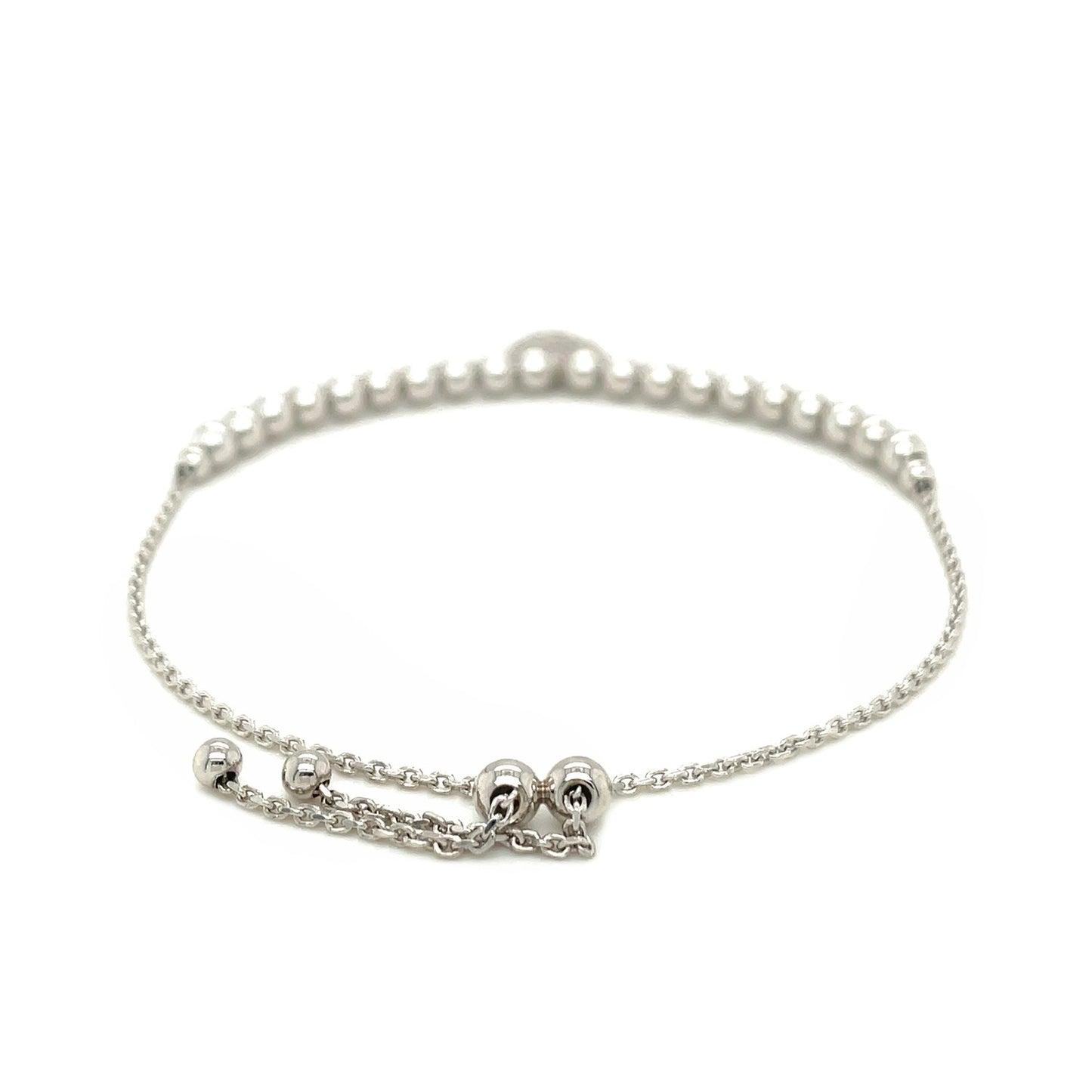 Adjustable Bead Bracelet with Round Charm & Cubic Zirconias in Sterling Silver