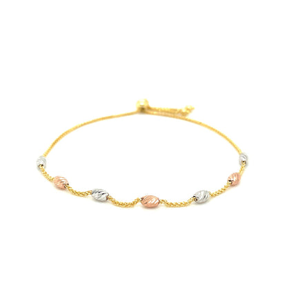 14k Tri-Color Gold Textured Oval Station Lariat Style Bracelet