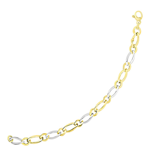 14k Two-Tone Gold Figaro Chain Bracelet with Long & Short Links