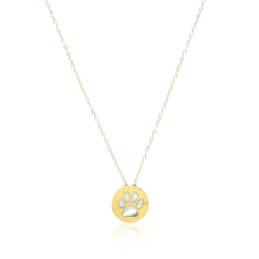 14k Yellow Gold Necklace with Dog Paw Print Symbol in Mother of Pearl