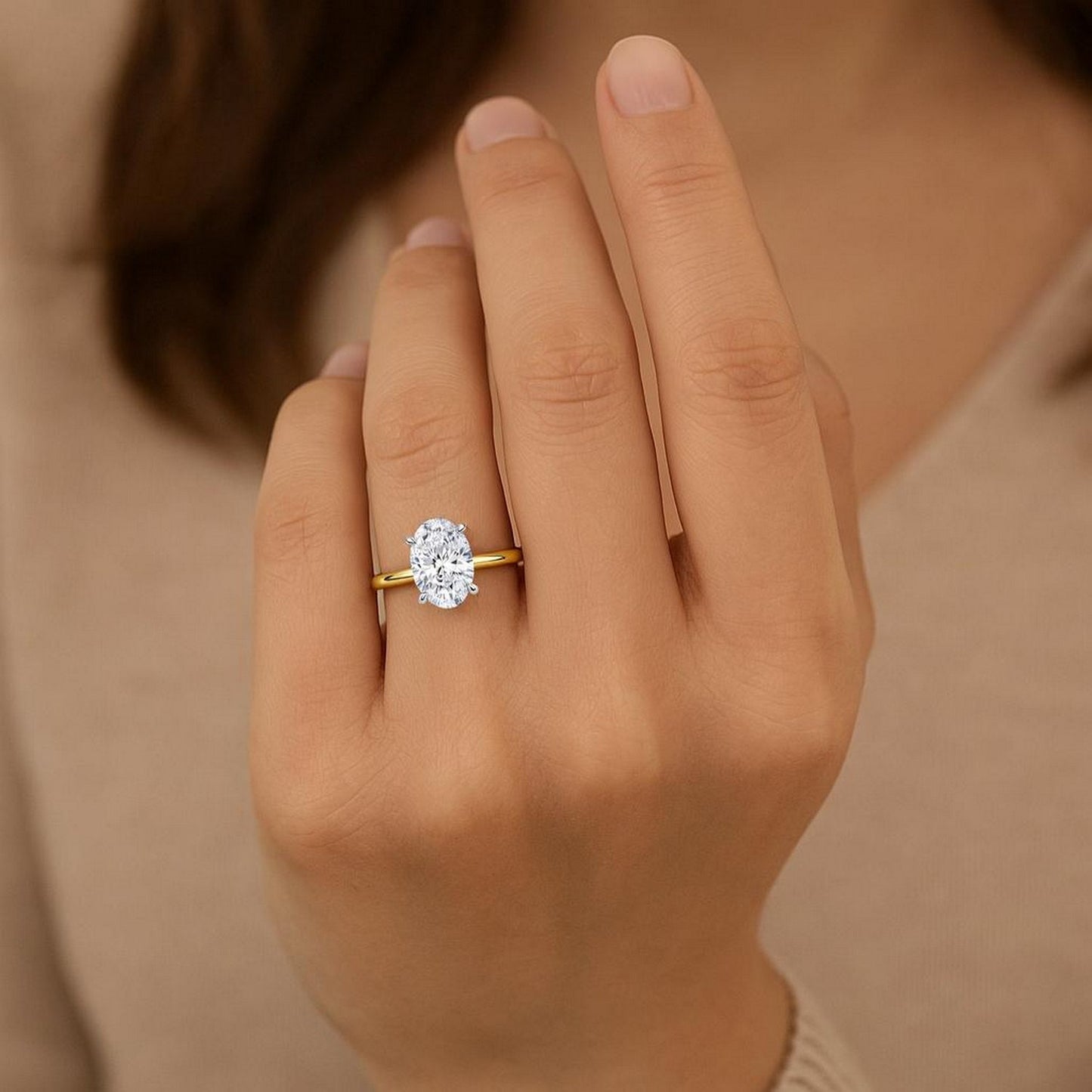 3 Carat Oval Lab Grown IGI G/VS1 Diamond Solitaire Ring in 10K Yellow Gold