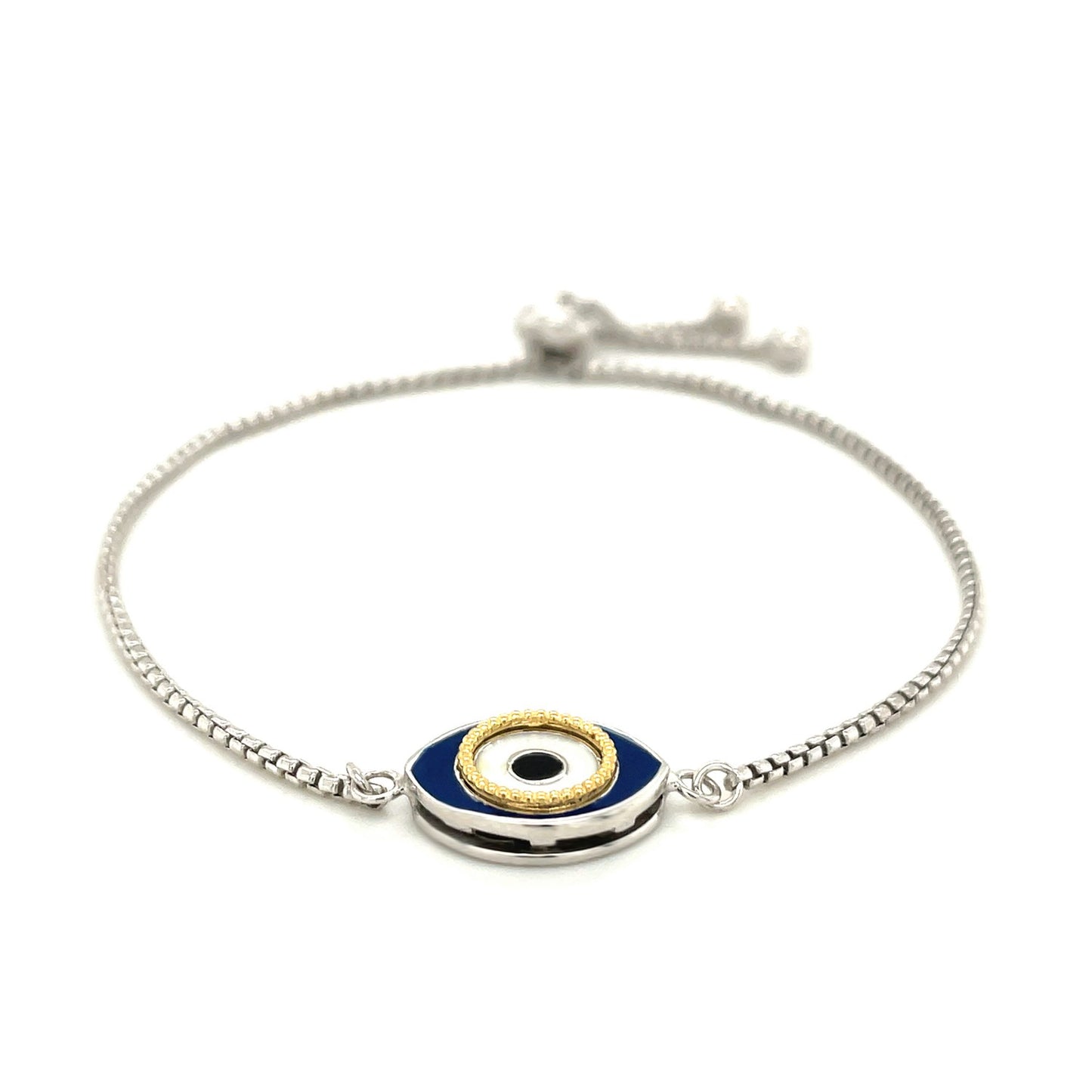 Sterling Silver Adjustable Two Toned Enameled Evil Eye Friendship Bracelet