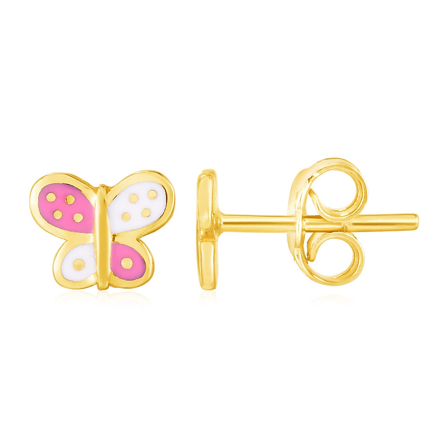 14k Yellow Gold & Enamel Pink & White Butterfly Stud Earrings