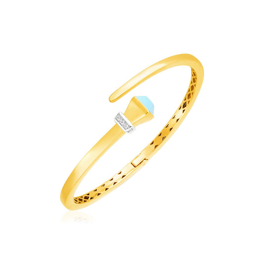 14k Yellow Gold Crossover Style Hinged Bangle Bracelet with Turquoise & Diamonds (3.40 mm)
