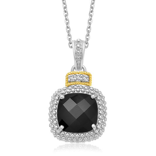 18k Yellow Gold & Sterling Silver Popcorn Cushion Black Onyx & Diamond Pendant