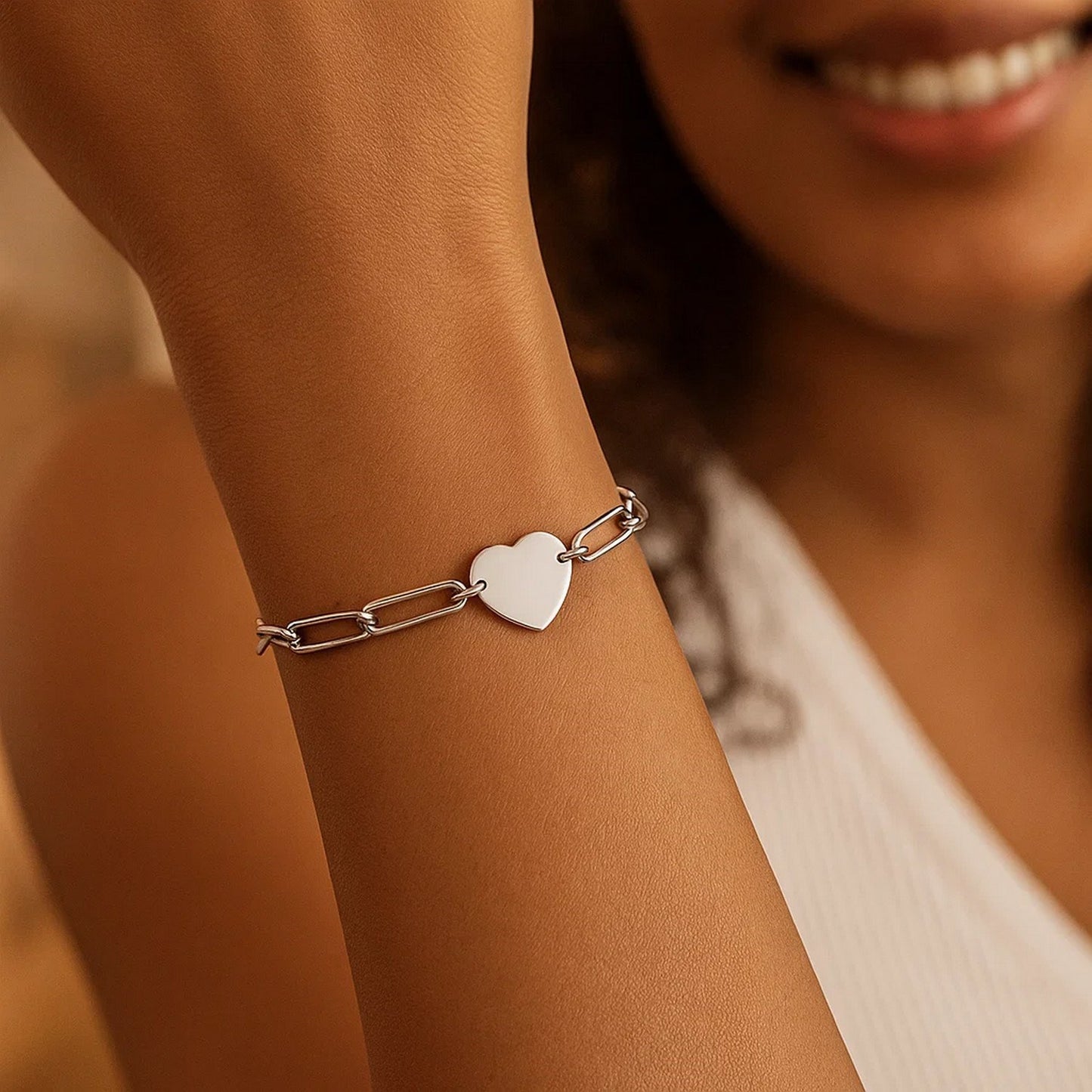 Sterling Silver Rhodium Plated Engravable Heart Paperclip Bracelet (2.10 mm)