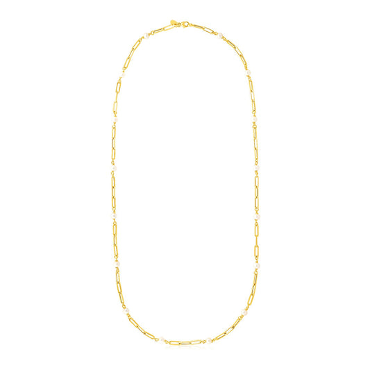 14k Yellow Gold Paperclip Chain & Pearl Necklace