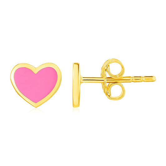 14k Yellow Gold & Enamel Pink Heart Stud Earrings