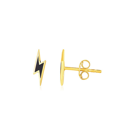 14k Yellow Gold & Enamel Black Lightning Bolt Stud Earrings