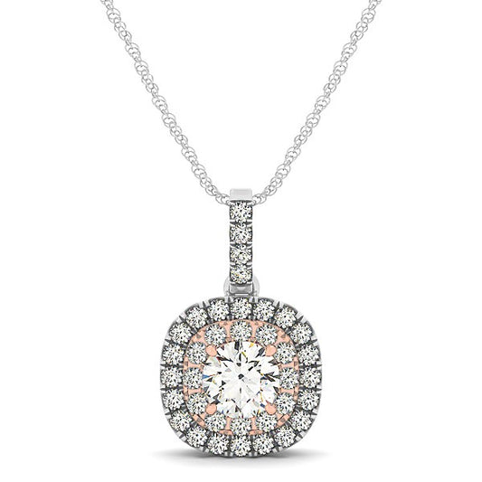 14k White & Rose Gold Cushion Shape Halo Diamond Pendant (1/2 cttw)
