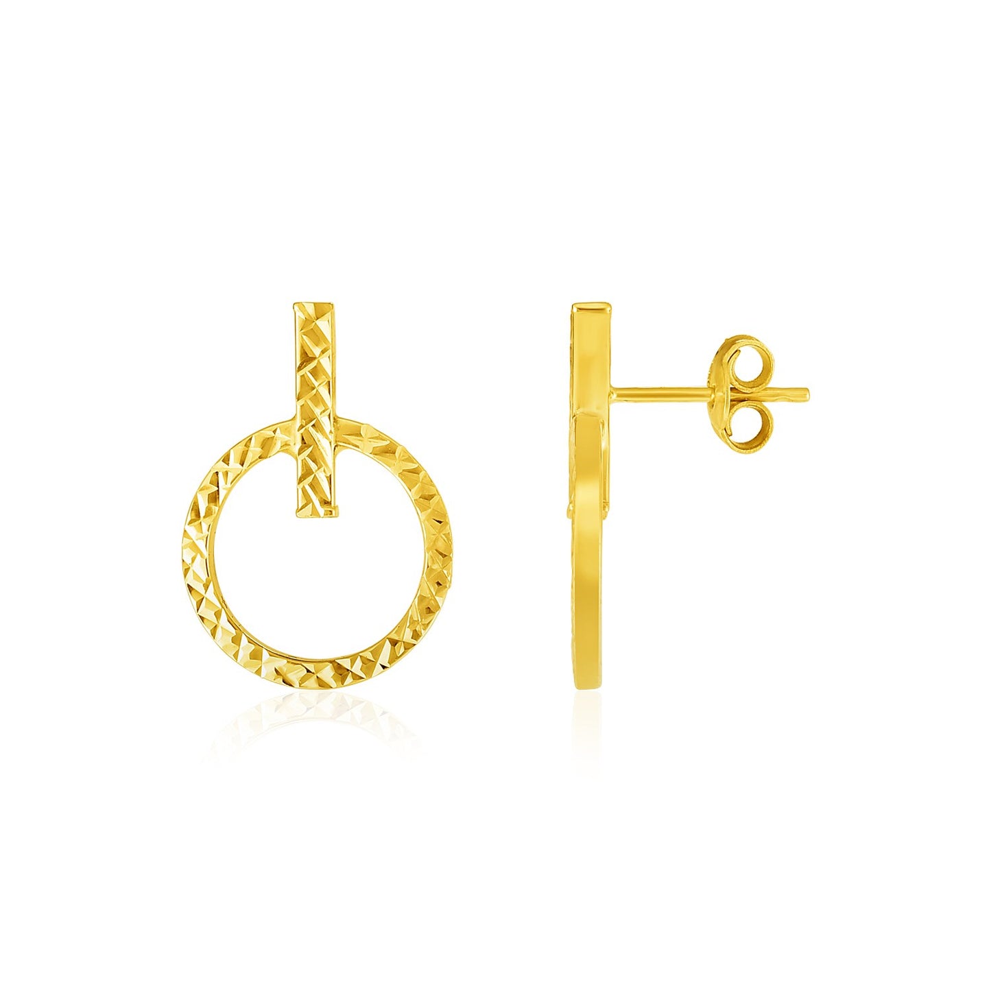 14k Yellow Gold Textured Circle & Bar Post Earrings