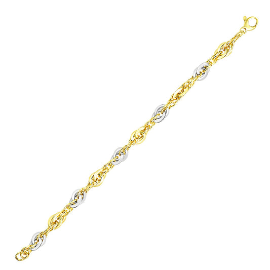14k Two-Tone Gold Interlaced Smooth & Textured Link Bracelet