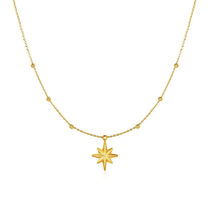 14k Yellow Gold Necklace with Eight Pointed Star & Beads