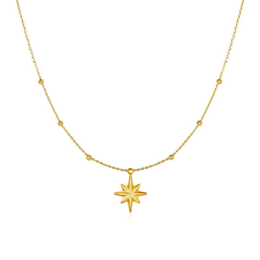 14k Yellow Gold Necklace with Eight Pointed Star & Beads