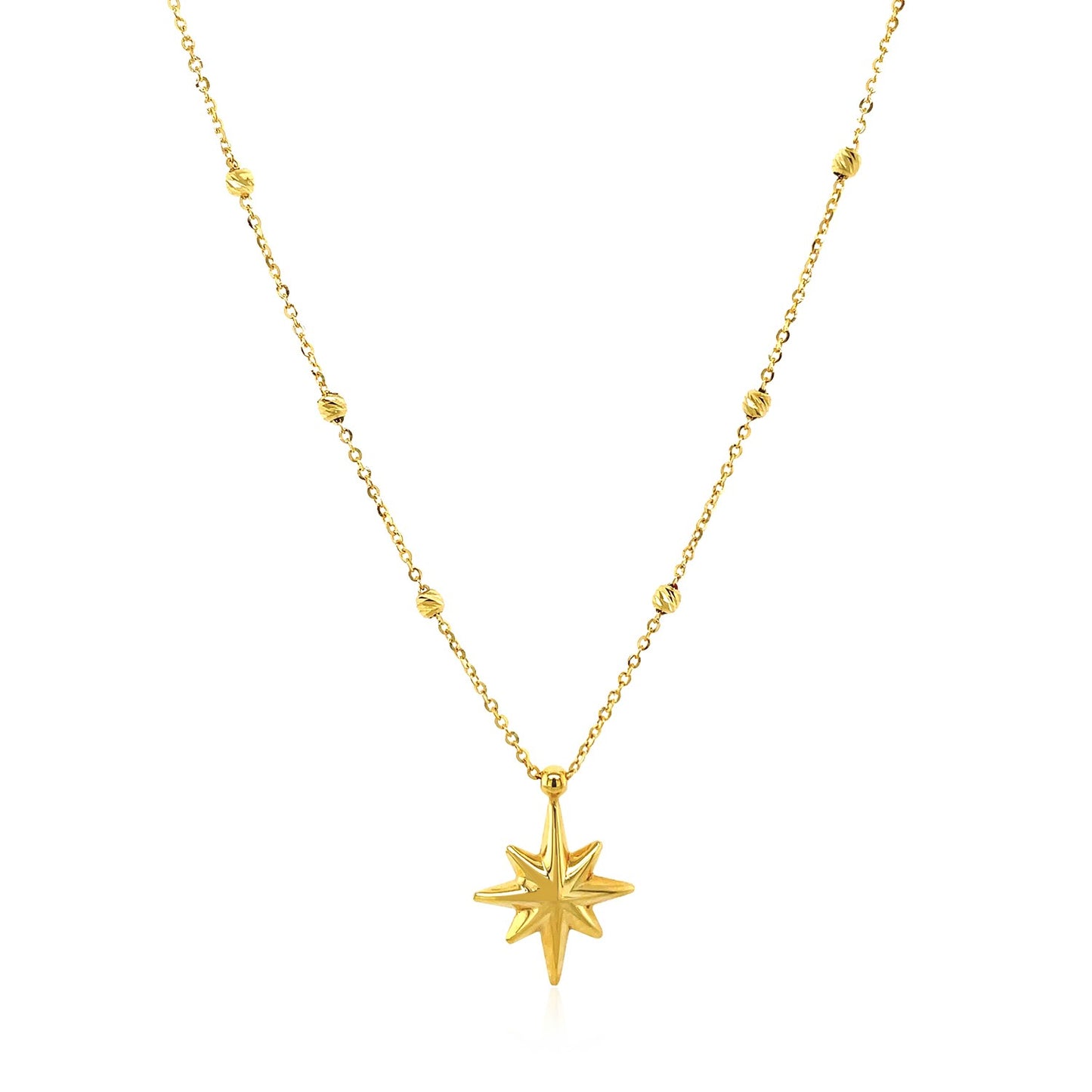 14k Yellow Gold Necklace with Eight Pointed Star & Beads