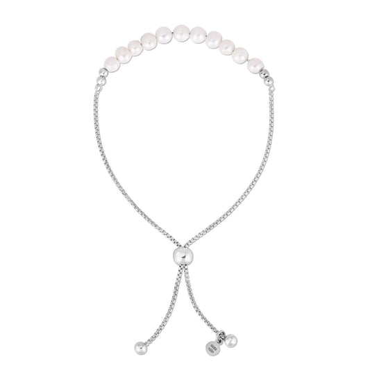 Sterling Silver Rhodium Plated Friendship Freshwater Pearl Drawstring Bracelet