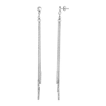 Long Chain Tassel & Textured Bar Drop Earrings in Sterling Silver