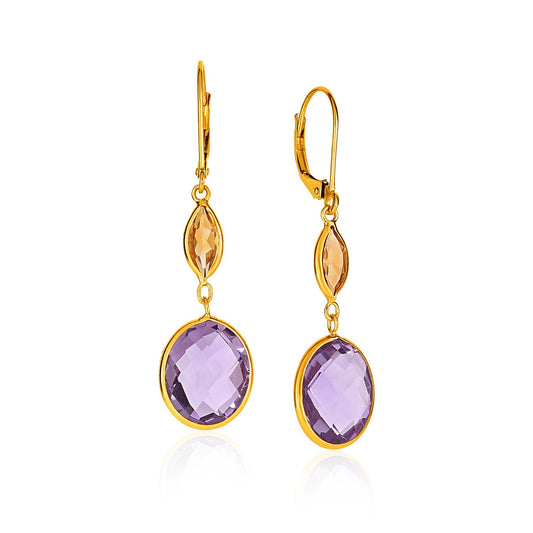 14k Yellow Gold Drop Earrings with Citrine & Amethyst Briolettes