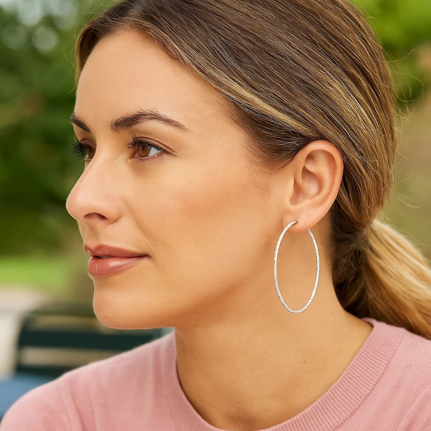 Sterling Silver Large Textured Round Hoop Earrings(1.6x60mm)