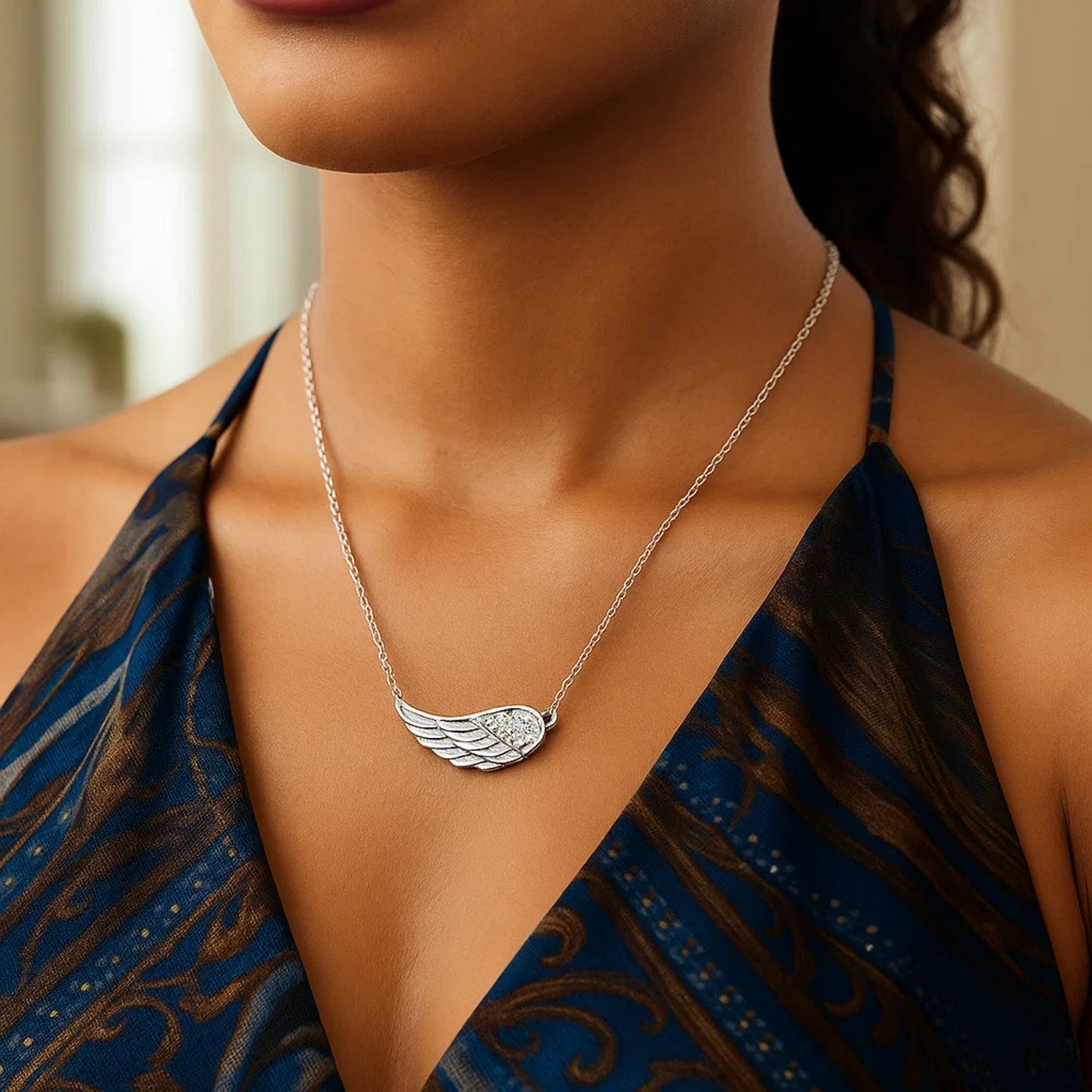 Sterling Silver Textured Angel Wing Necklace