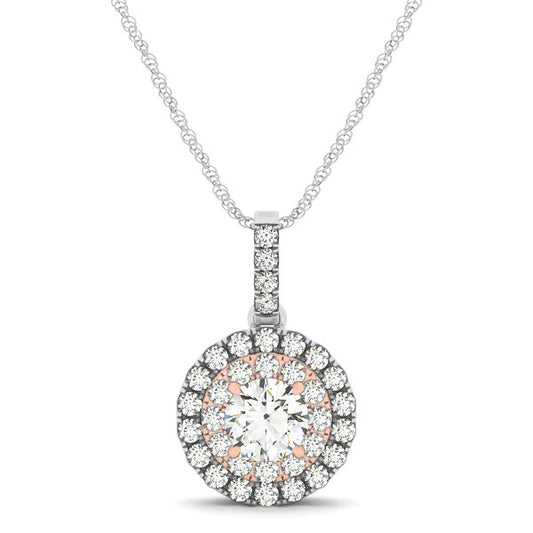 Round Shape Halo Diamond Pendant in 14k White & Rose Gold (1/2 cttw)