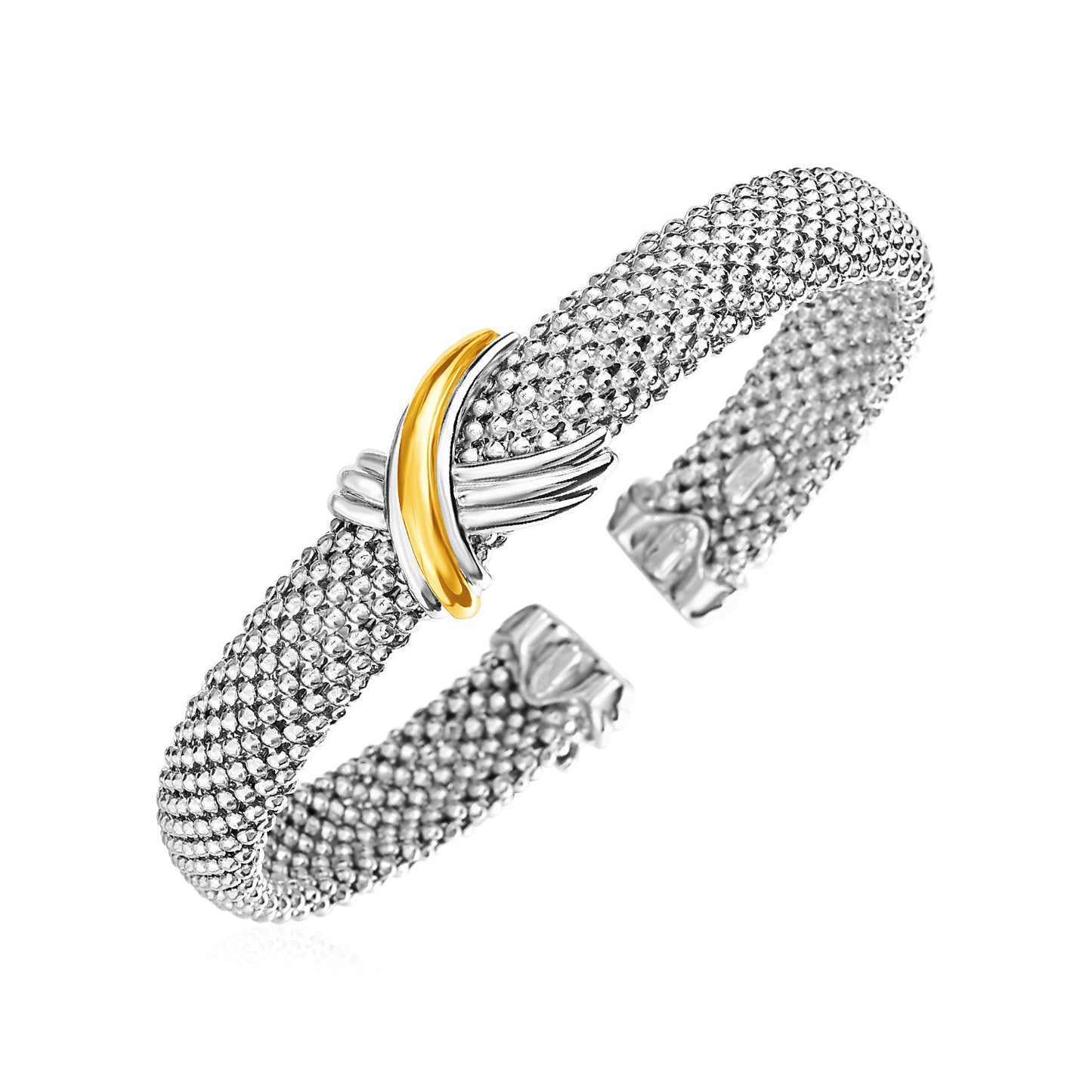Popcorn Texture Cuff Bangle with X Motif in Sterling Silver & 18k Yellow Gold (10.00 mm)